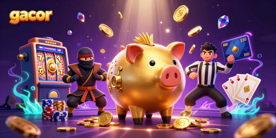 Spin the reels with gacor slot machines featuring coins, poker chips, and colorful characters in an exciting casino scene.