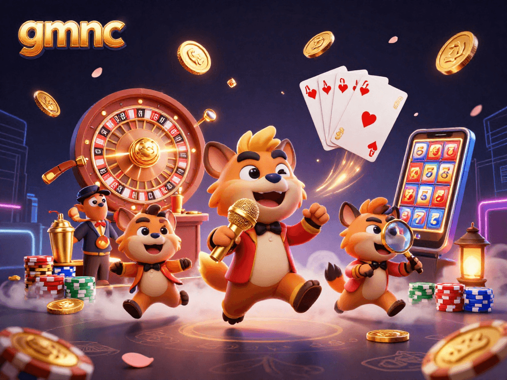 gmnc-inspired hyenas entertain at a lively casino, surrounded by sparkling gems and casino elements.