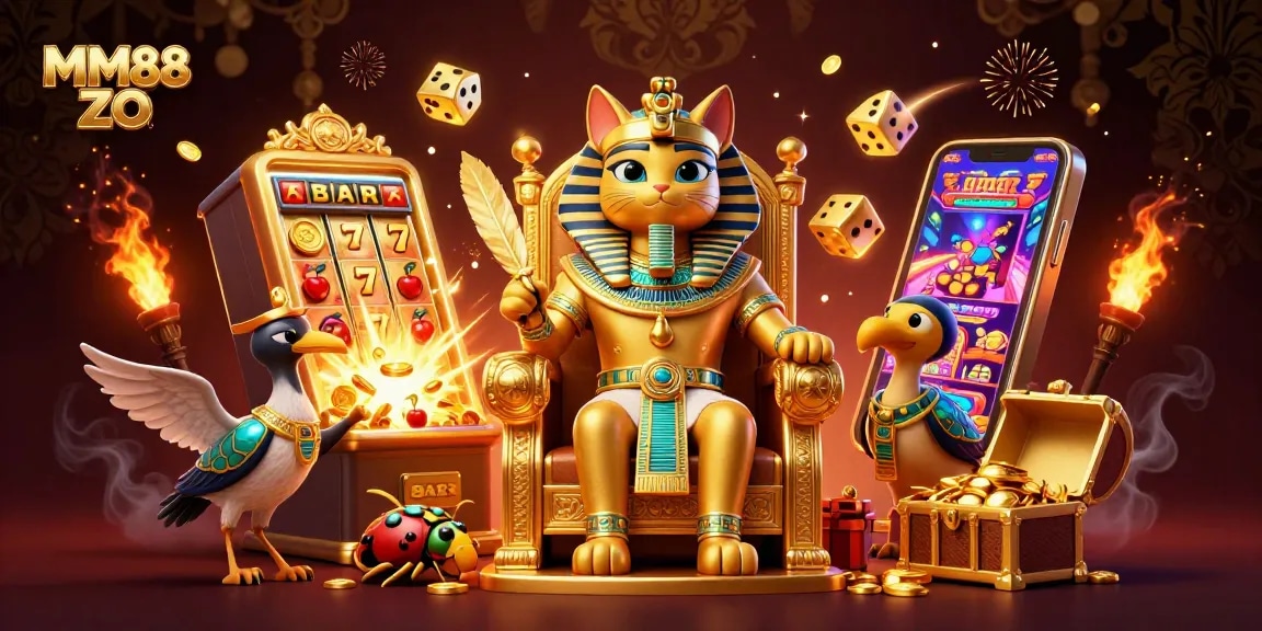 Engage with MM88 ZO in this vibrant 3D casino illustration, featuring a pharaoh cat and slot machine chaos.