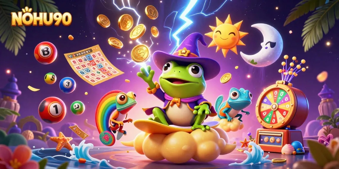 Experience NOHU90's vibrant casino fun with the animated golden coin storm and lively creatures.