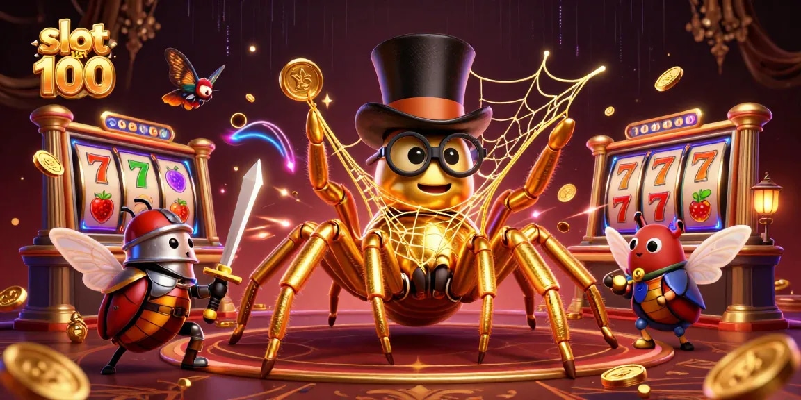 Engage in strategy with slot bet 100, featuring a golden tarantula and beetle knight in a vibrant casino scene.