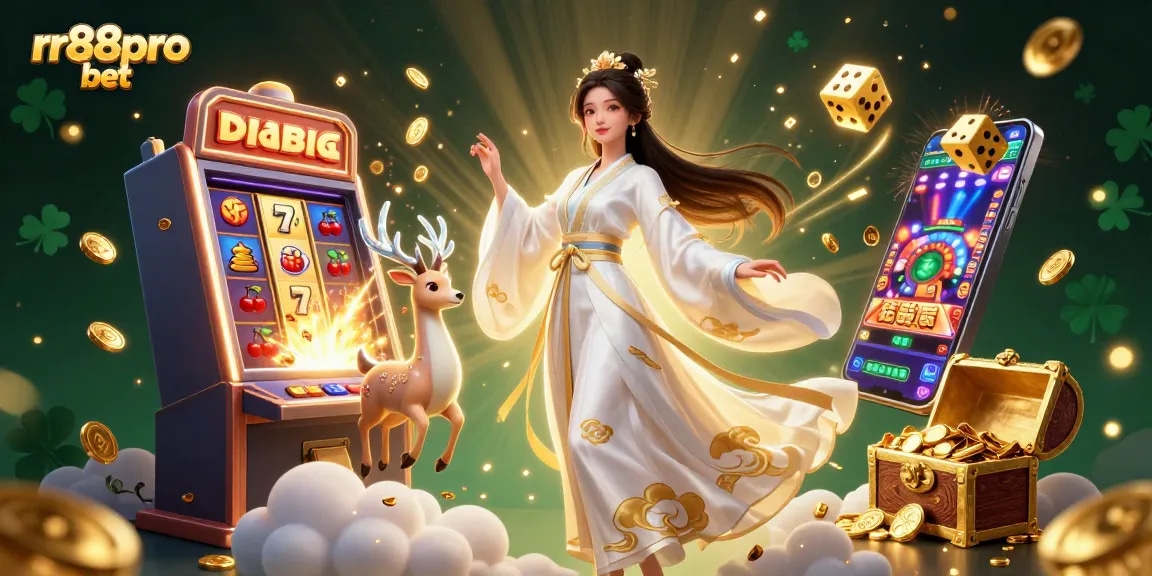 Play thrilling games at rr88pro bet with stunning 3D illustration of an Asian woman in a hanfu amidst casino elements.