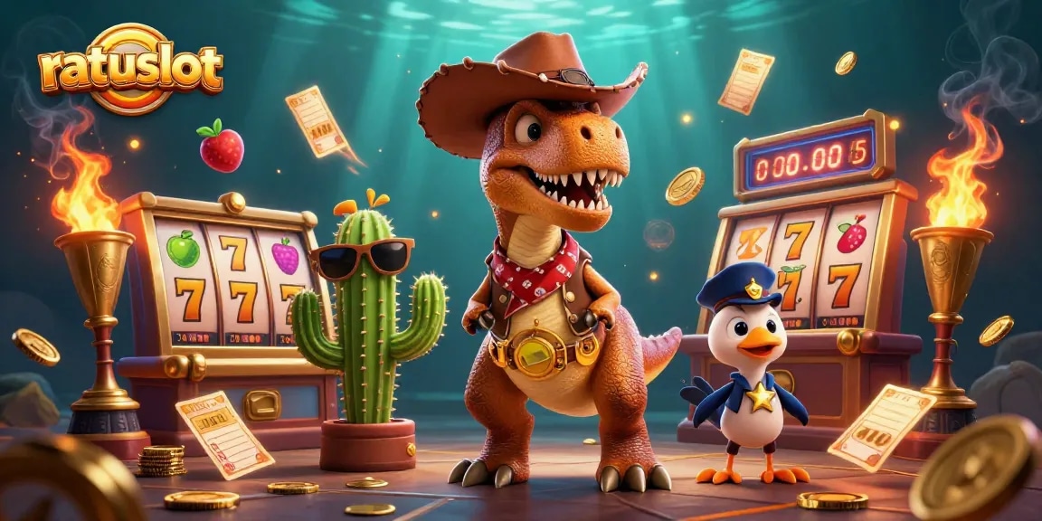 Engage with ratuslot as cartoon characters explore thrilling slot games and jackpot wins.