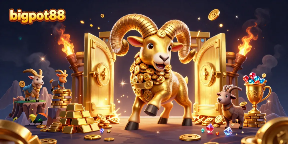 Experience bigpot88 with an animated golden ram charging towards treasure, captivating casino excitement.