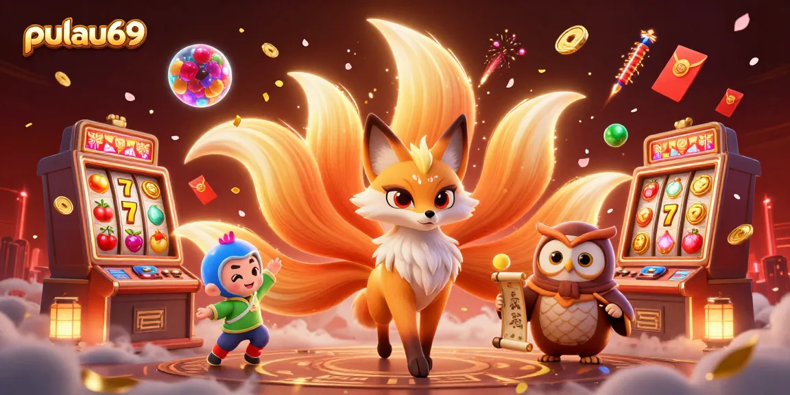 Experience pulau69 excitement with a vibrant 3D illustration of a fox spirit and lucky symbols in a casino scenario