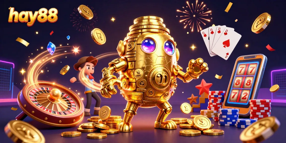 Experience hay88's thrilling gaming atmosphere with vibrant roulette, slot reels, and dazzling gold coins.