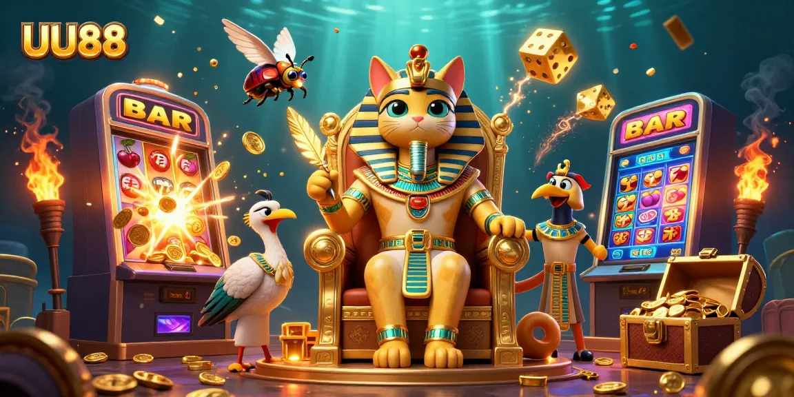 Spin the UU88 jackpot! 3D illustration of an Egyptian pharaoh cat winning with a slot machine and vibrant casino elements.