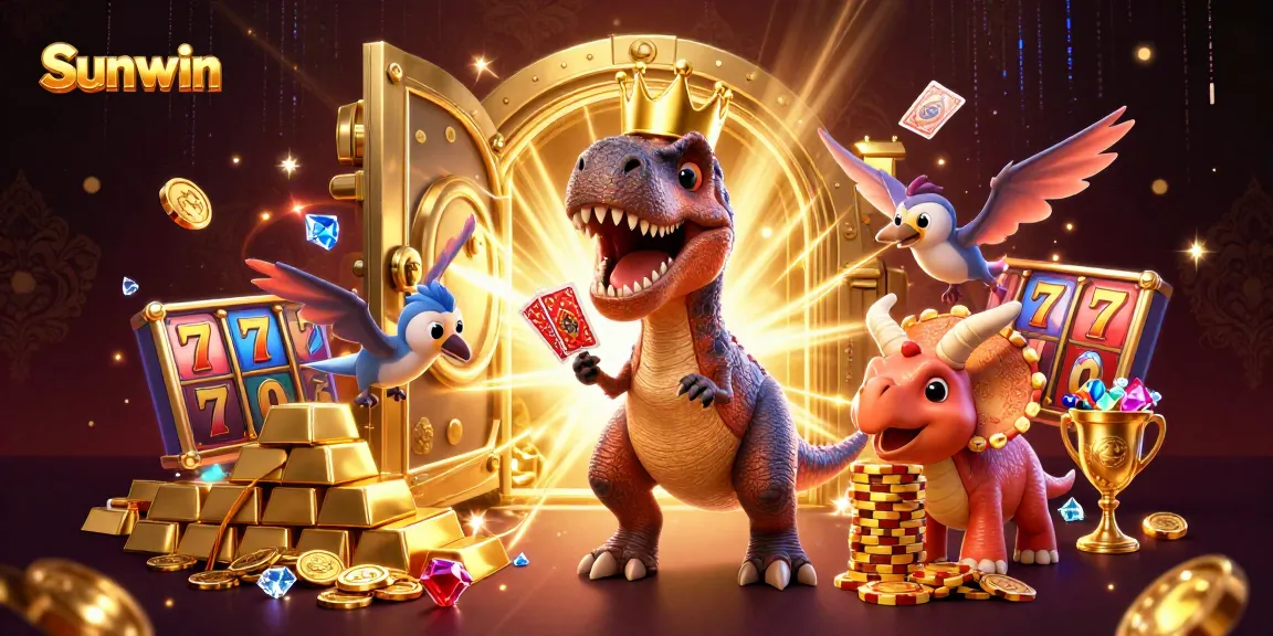 Sunwin showcases a thrilling casino scene with a T-Rex shuffling cards surrounded by gold treasures.