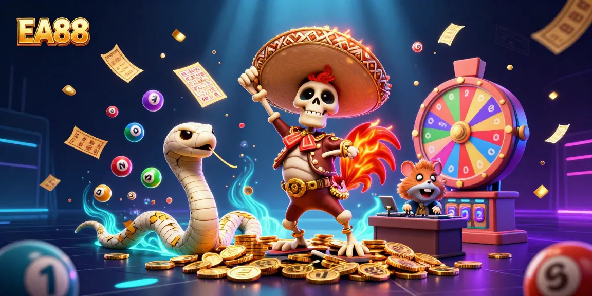EA88 colorful gaming scene with a mariachi rooster and lottery elements, celebrating big wins