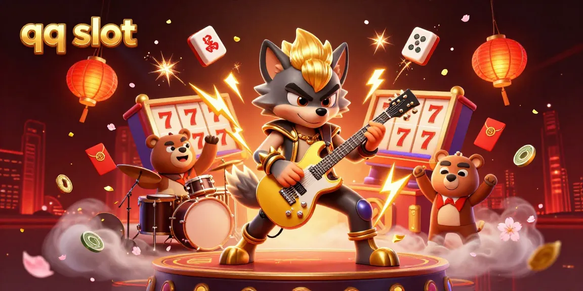This vivid illustration showcases a dynamic casino performance with a wolf rock star and drummer bear, incorporating elements of qq slot gaming.
