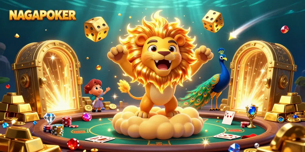 NAGAPOKER showcases a vibrant poker scene with a roaring lion and shimmering treasures.