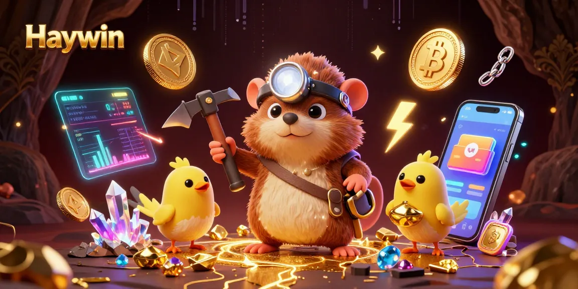Haywin treasure hunter mole mining for jackpots with glowing cryptocurrencies and casino treasures.