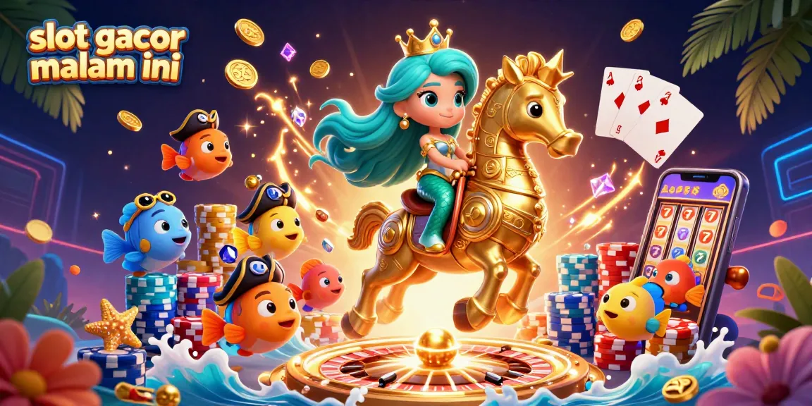 Raih jackpot pada slot gacor malam ini dengan ilustrasi putri duyung menarik dan elemen kasino yang dinamis.