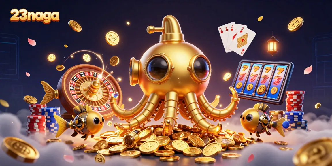 Experience the thrill of 23naga with a vibrant 3D digital illustration of a golden kraken and slot machines.