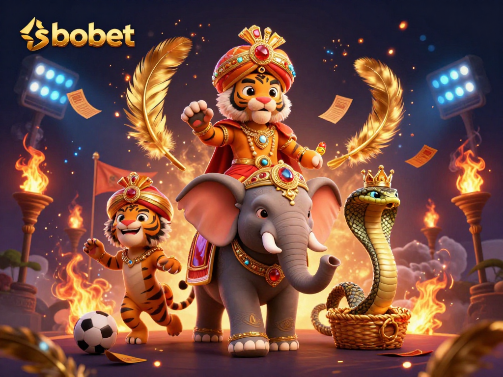 Bet on sbobet with an exciting tiger and elephant scene featuring dynamic sports and betting elements.
