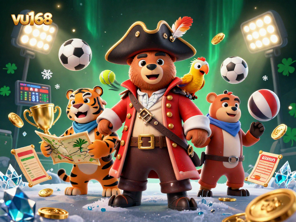 Engage with VU168's thrilling sports betting scene, showcasing dynamic elements and colorful characters.