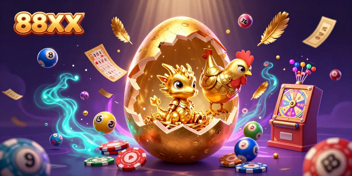 Win big with 88XX featuring a golden dragon and poker chips amid colorful lottery excitement!