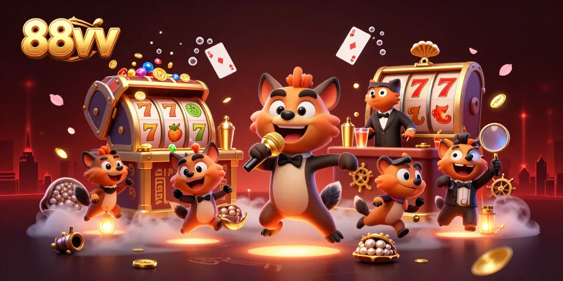 Experience the excitement of 88vv with animated hyenas in a vibrant casino setup, showcasing slots and games.