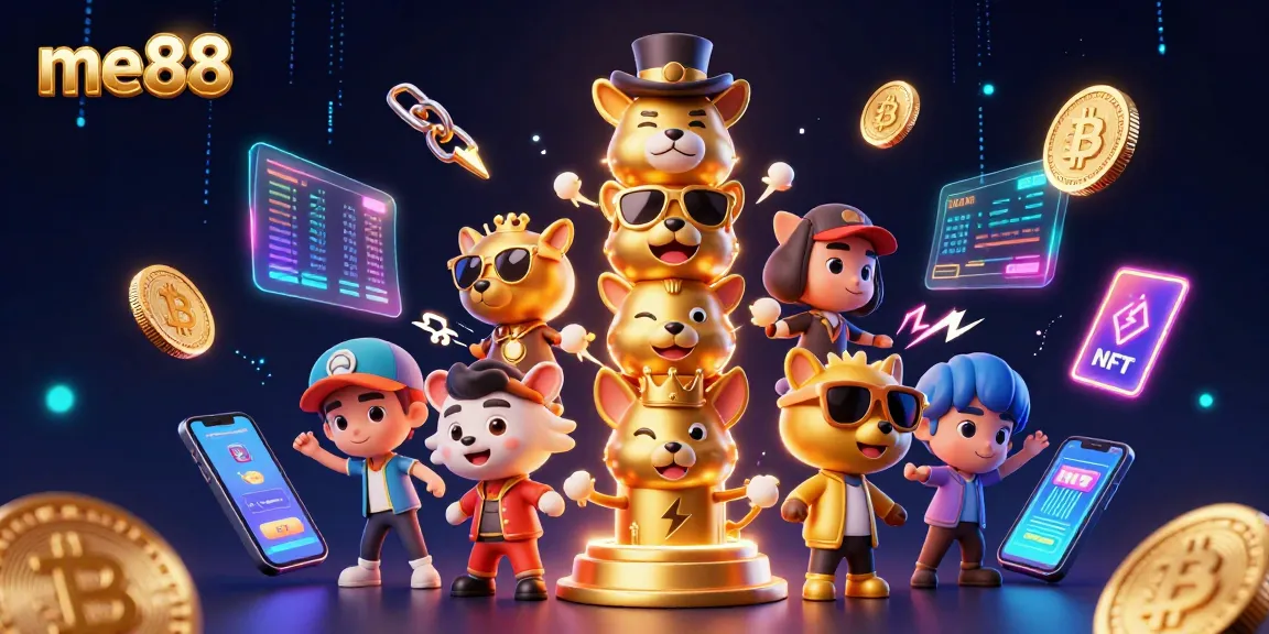Join the excitement at me88 with vibrant 3D casino visuals featuring crypto coins and gaming elements.