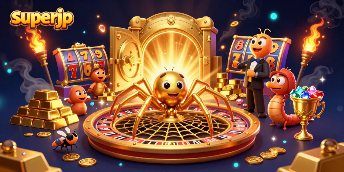 Assemble winning strategies on superjp's vibrant casino scene featuring lively characters and treasure.