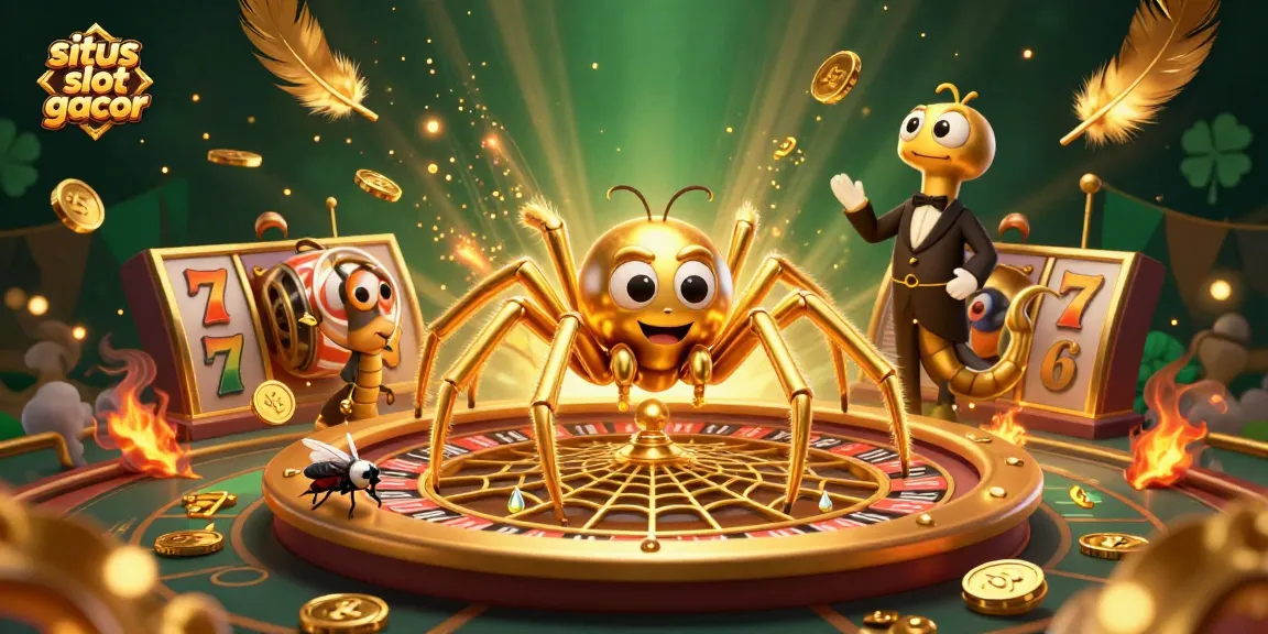 Spin to win at situs slot gacor with a vibrant 3D illustration of a golden spider and casino elements.
