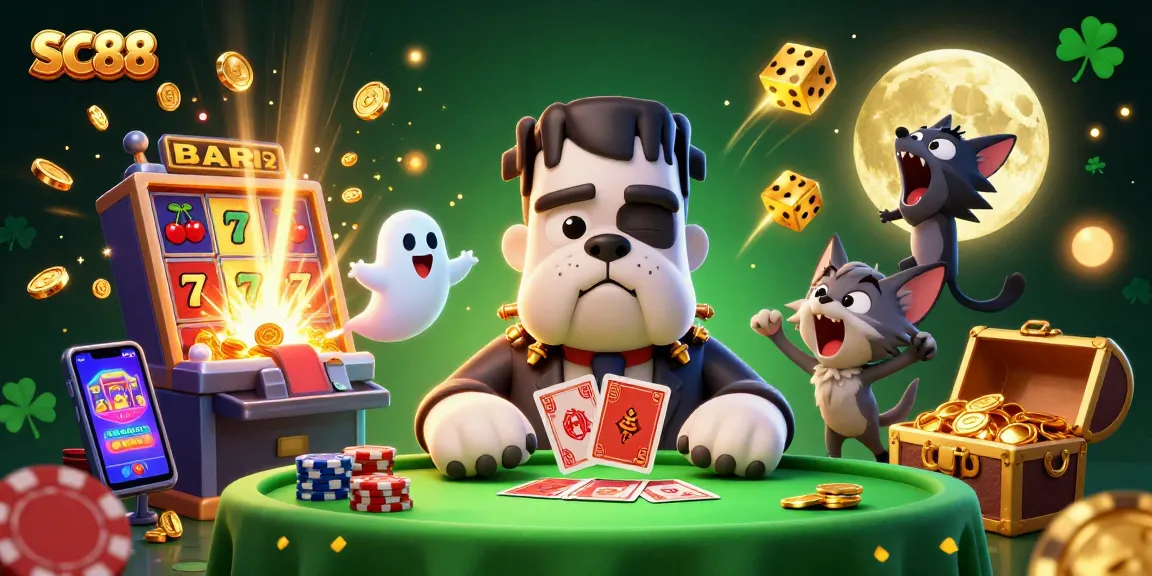 Play SC88 at a vibrant casino as the Frankenstein bulldog deals cards amidst gold coins and joyous characters.
