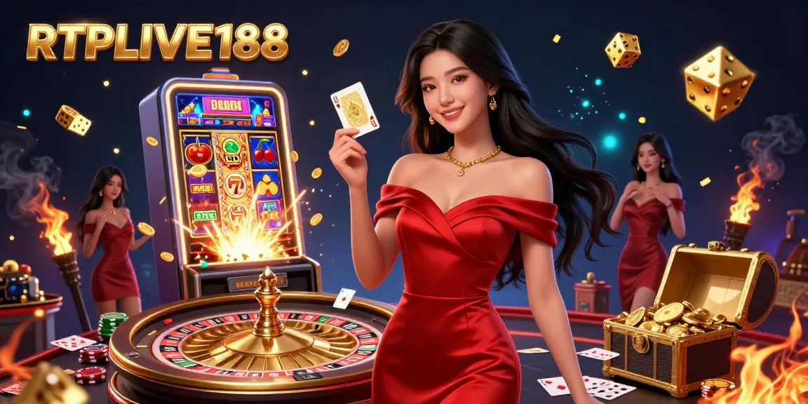Rasakan permainan mendebarkan dengan RTPLIVE188 saat wanita cantik menunjukkan kartu bermain emas di tengah ledakan koin dan perayaan jackpot.