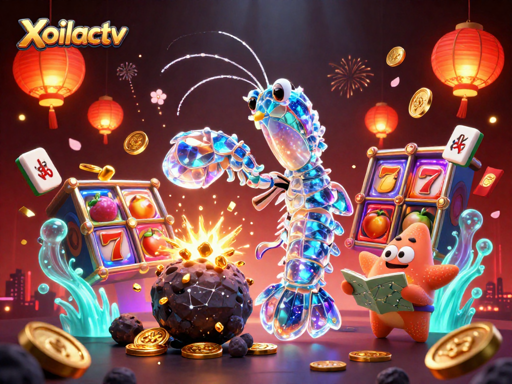 Xoilactv showcases a galactic samurai mantis shrimp winning golden gems in a dynamic casino scene