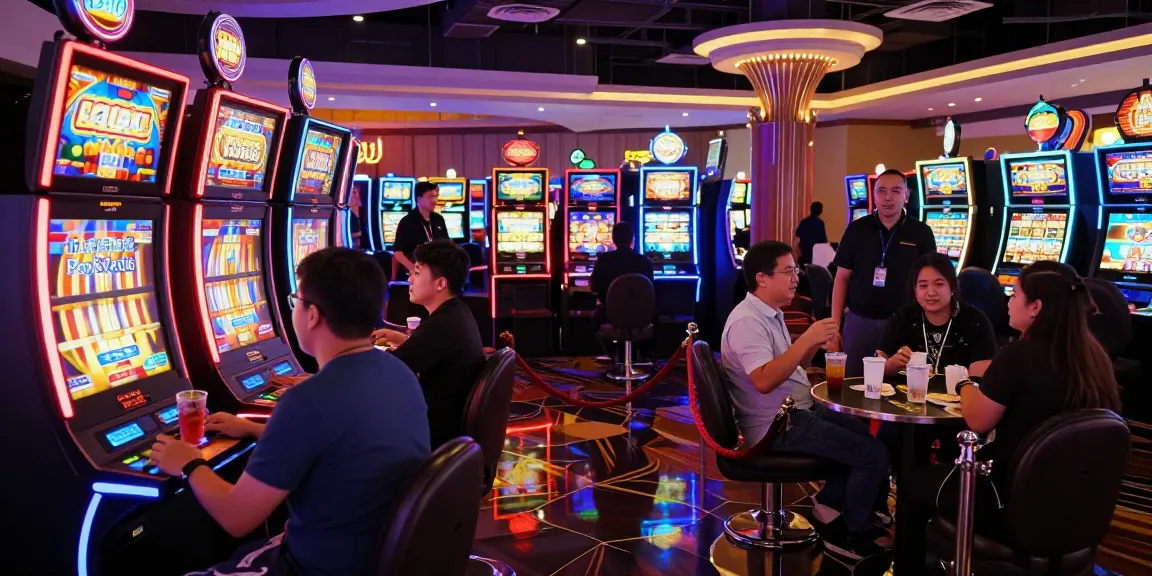 Players enjoying slot gacor games at a lively casino, colorful lights and excitement.