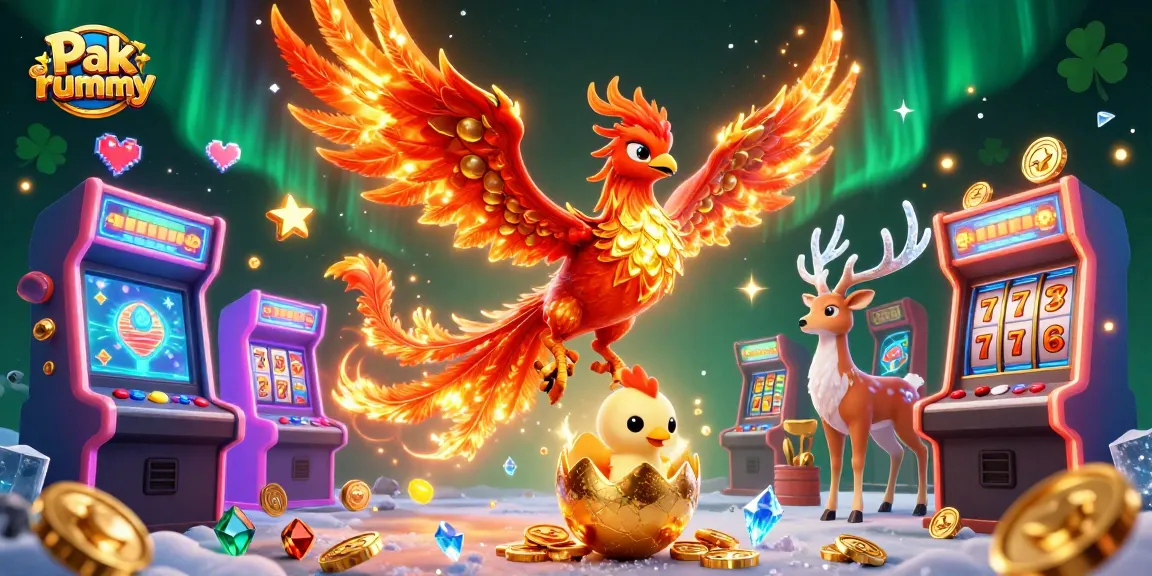 Experience thrilling Pak rummy action as colorful game machines surround a phoenix and stag in this vibrant illustration.