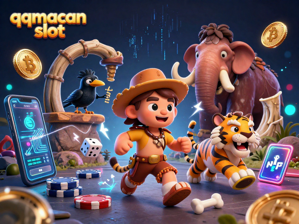 Join the excitement at qqmacan slot with a lively prehistoric casino scene featuring unique characters.