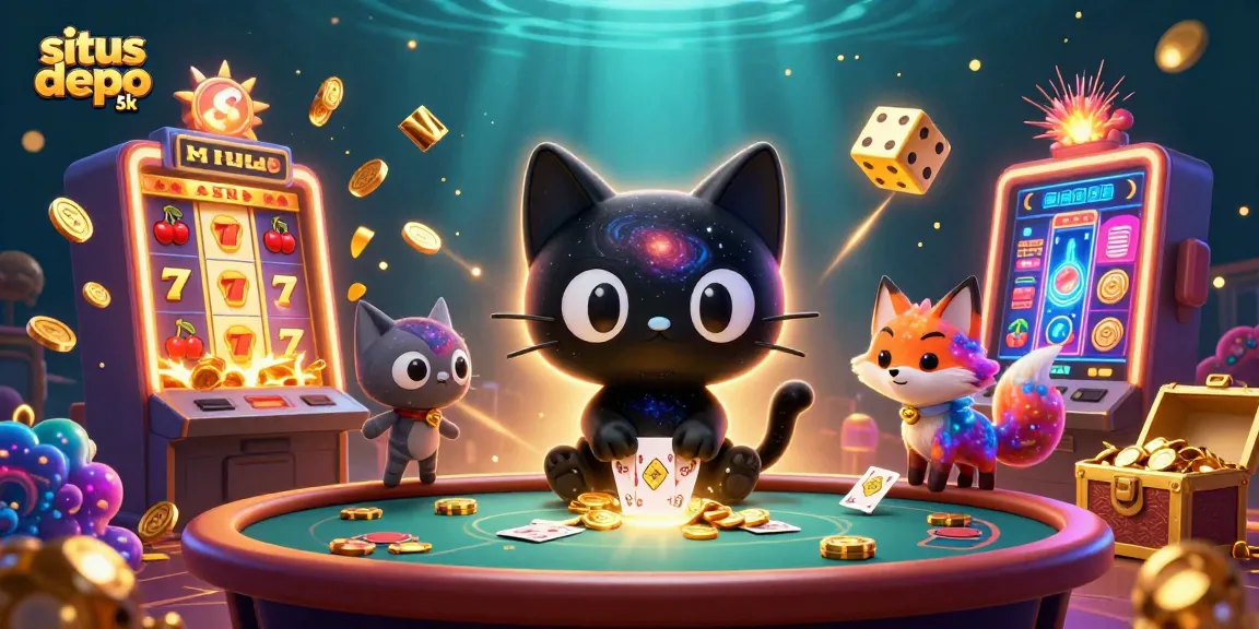 Win big at situs depo 5k with colorful slots, chips, and cosmic gaming elements.