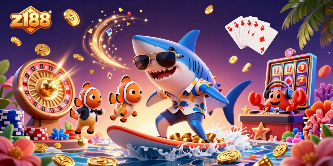 Experience the thrill of gaming at z188 with vibrant characters surfing through gold coins and exciting casino elements.