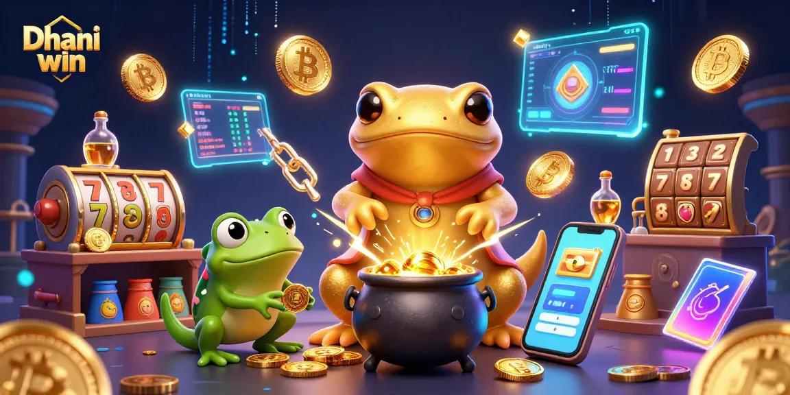 Dhani win features a vibrant gambling scene with a golden salamander and a frog amidst colorful casino elements.