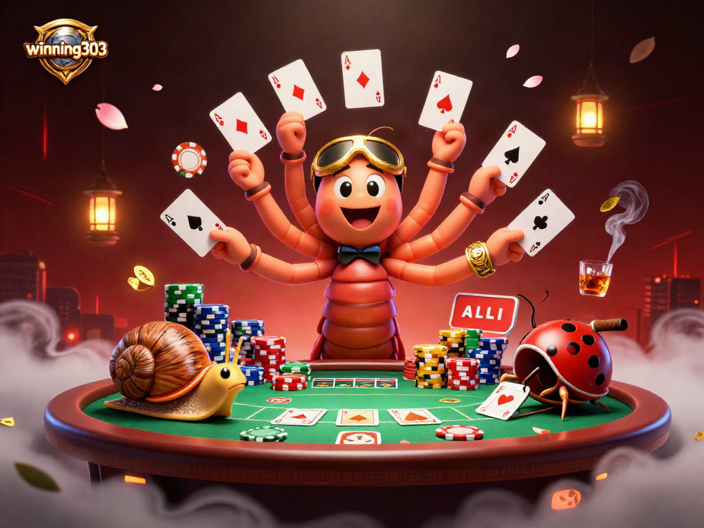 Winning303 showcases a vibrant casino scene with a millipede dealer and colorful poker chips.
