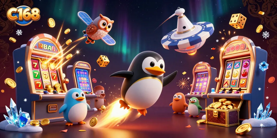 C168 unveils a vibrant 3D casino scene with a golden penguin launching towards a slot machine jackpot explosion.