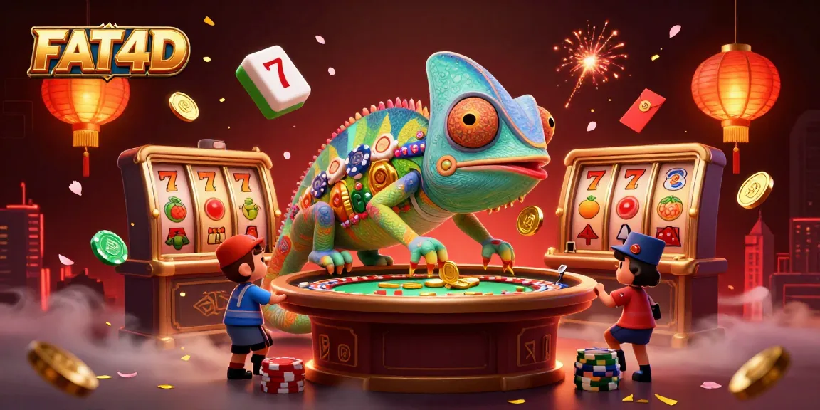 FAT4D enhances your casino experience with a dynamic illustration showcasing exciting slot games and vibrant chameleon character.