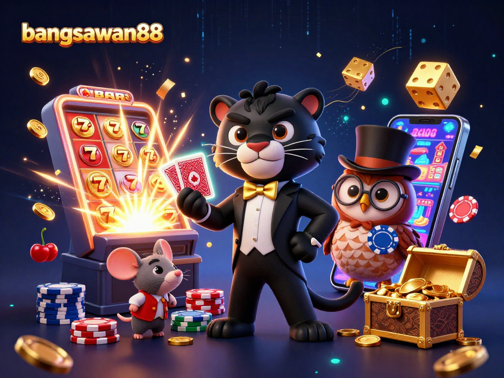 Experience the excitement of bangsawan88 with a stylish panther, owl, and mouse in a vibrant casino scene.