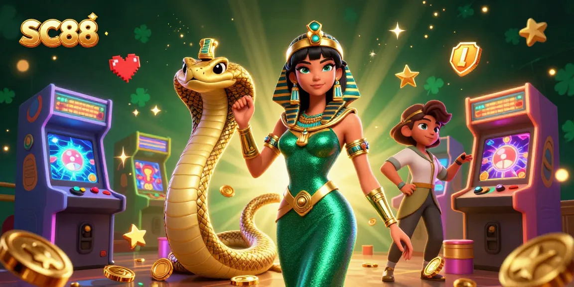 SC88 slots and casino vibrant illustration with golden cobra and woman in emerald gown
