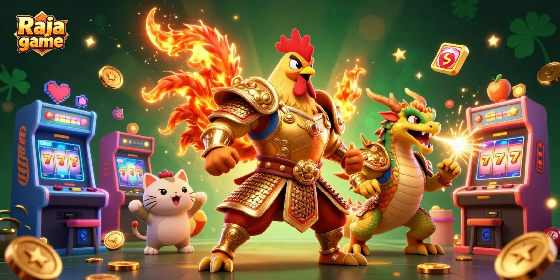 Play exciting games with Raja game featuring a rooster warrior, dragon hatchling, and casino elements.