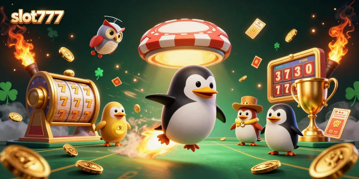 Experience the thrill of slot777 with a golden penguin in cosmic action, surrounded by dynamic slots and a vibrant backdrop.