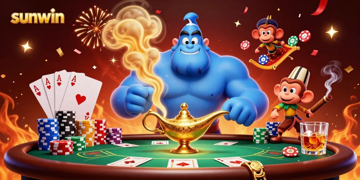 Experience the magic of sunwin with a stunning 3D illustration of a genie, monkey, and poker chips celebrating at a casino.