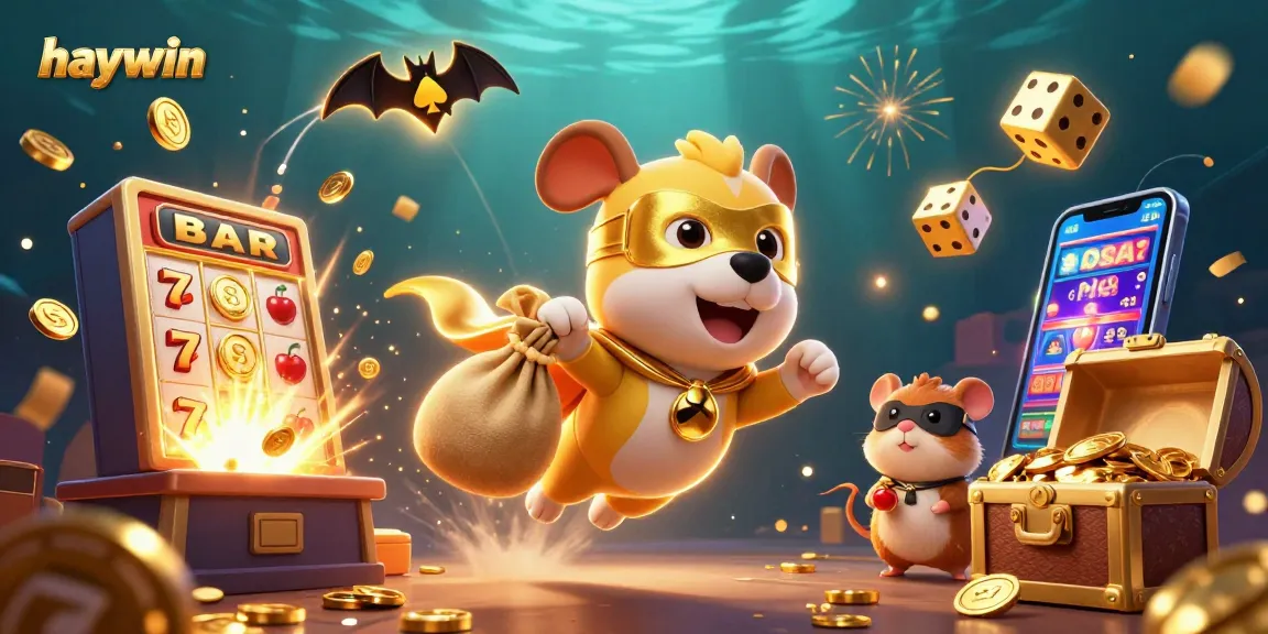 Experience excitement with haywin in a vibrant casino-themed 3D scene filled with dynamic game elements.