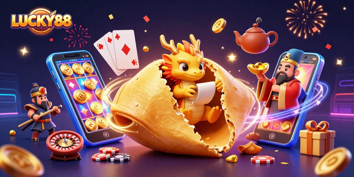 Spin winning reels with LUCKY88 in this vibrant casino-themed illustration bursting with gold.