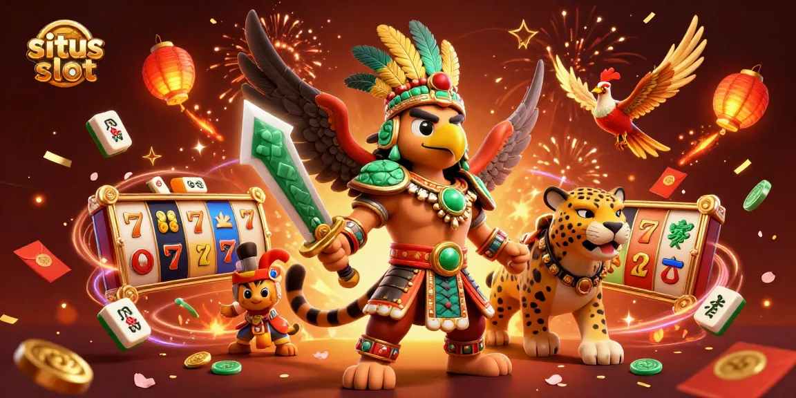 Spin the reels at situs slot with 3D Aztec warrior and jaguar amidst colorful symbols and festive decoration