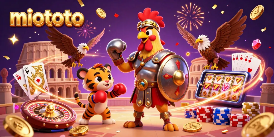 Experience the thrill of miototo with a dynamic casino scene featuring cartoon characters, coins, and game elements.