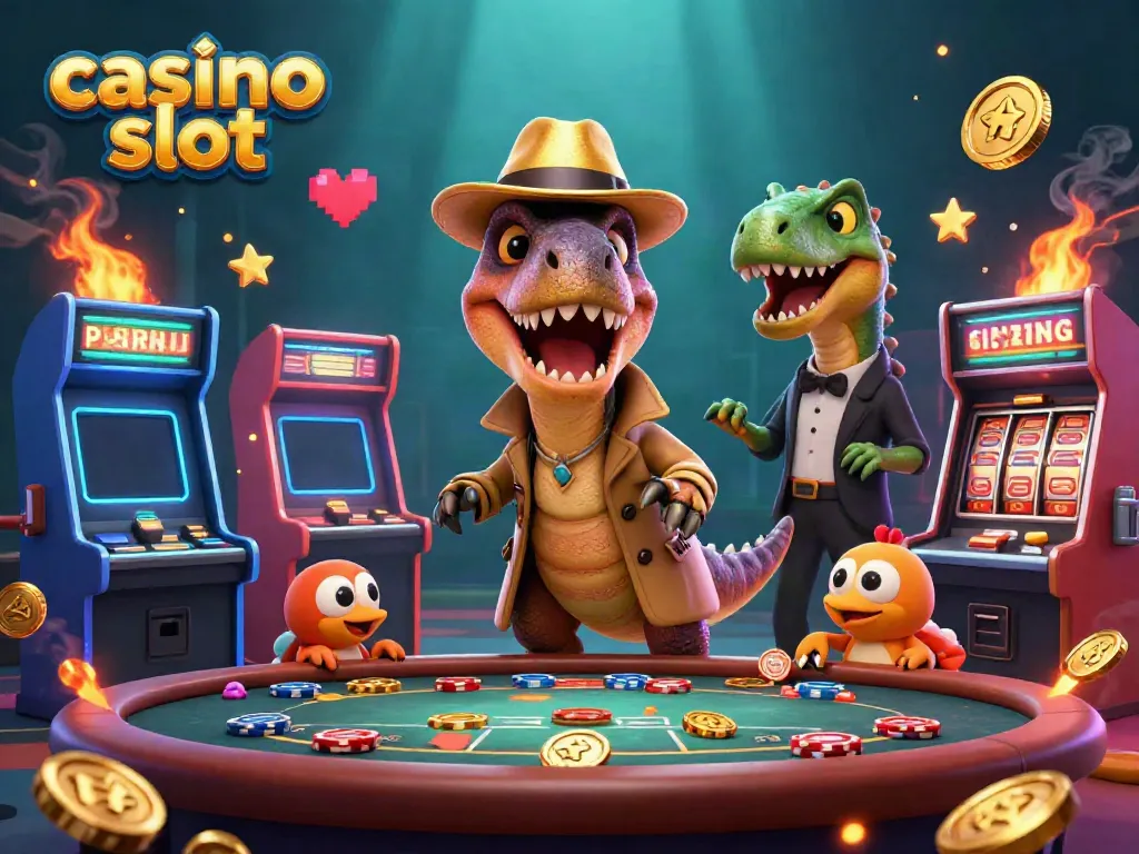 Casino slot scene with a velociraptor card counter, playful dinosaurs, and interactive game elements.