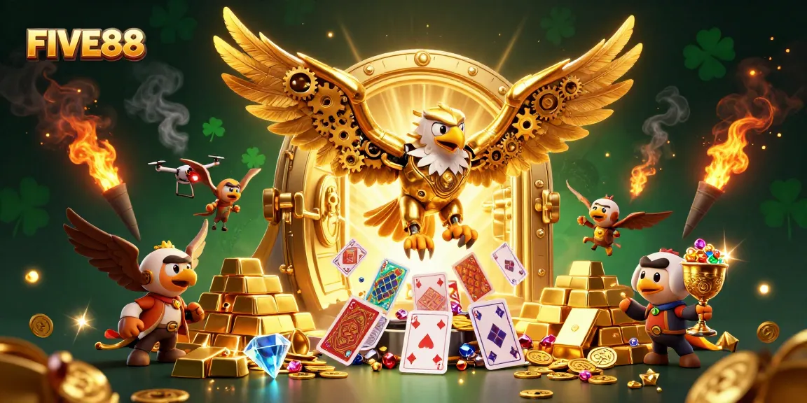 FIVE88's cybernetic eagle diving through holographic cards in a wealth-filled casino scene.