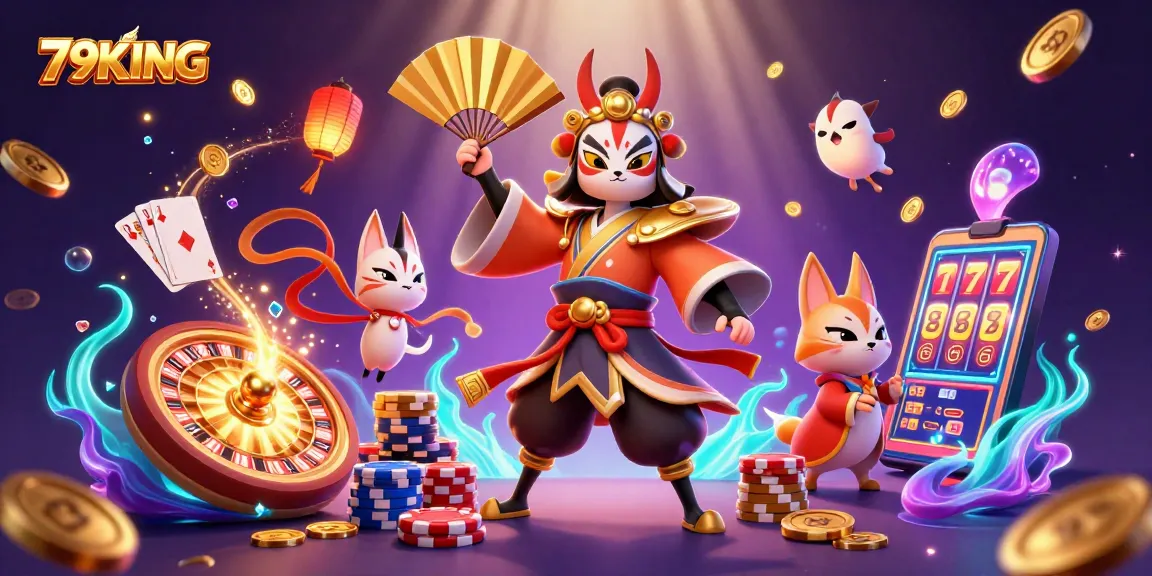 Experience high-stakes fun with 79KING's vibrant 3D casino illustration featuring dynamic characters and gaming elements.