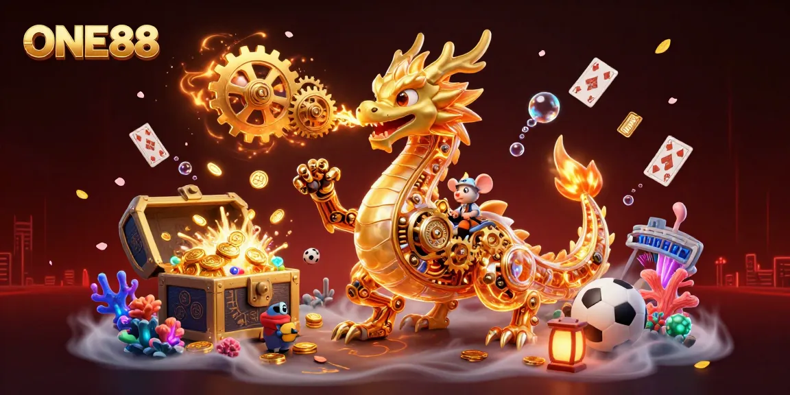 Engage with the thrilling atmosphere of ONE88, featuring a golden dragon, sports elements, and sparkling treasures!